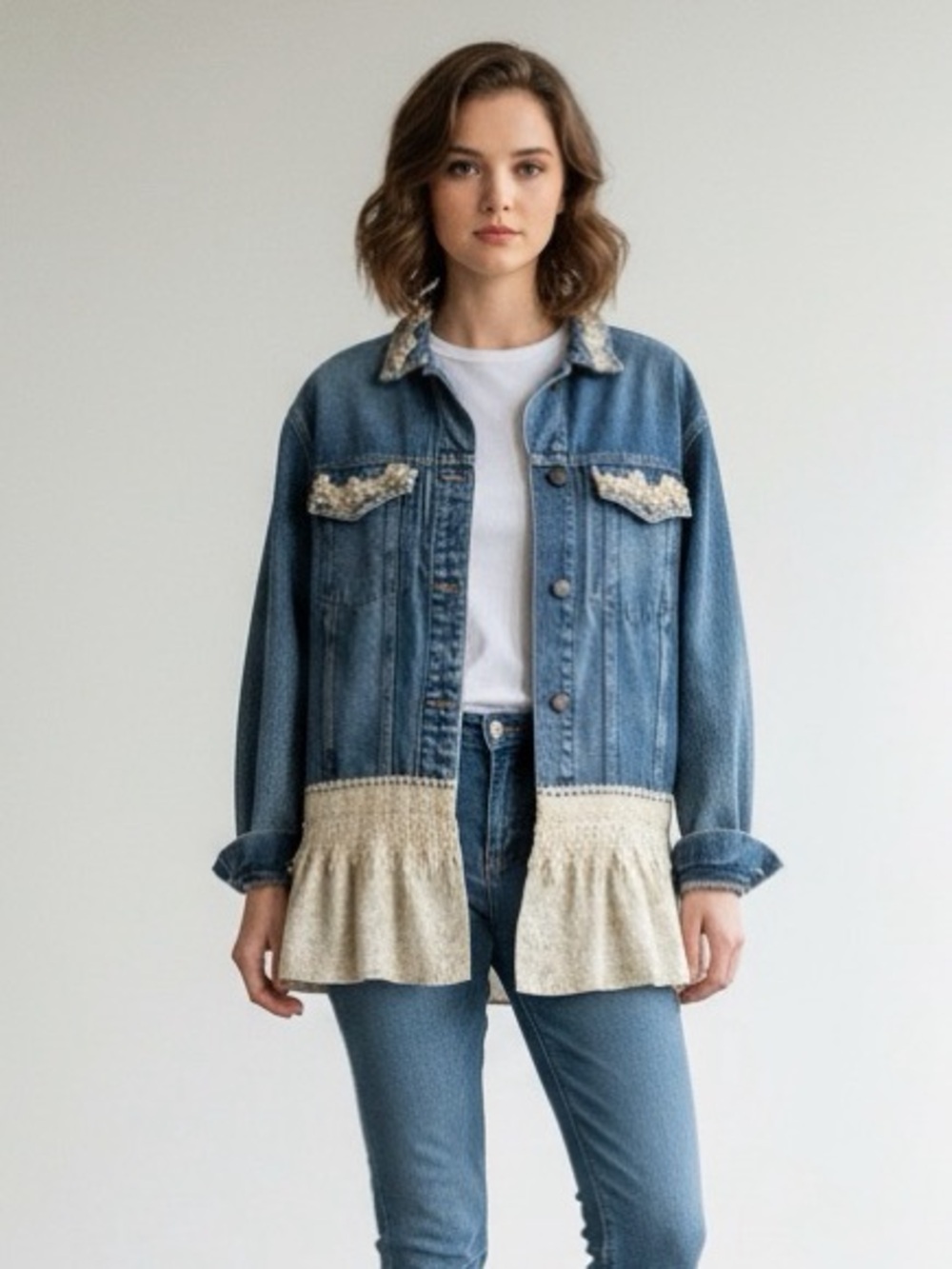 Calvin Klein Blue Denim Jacket with Cream Lace Trim